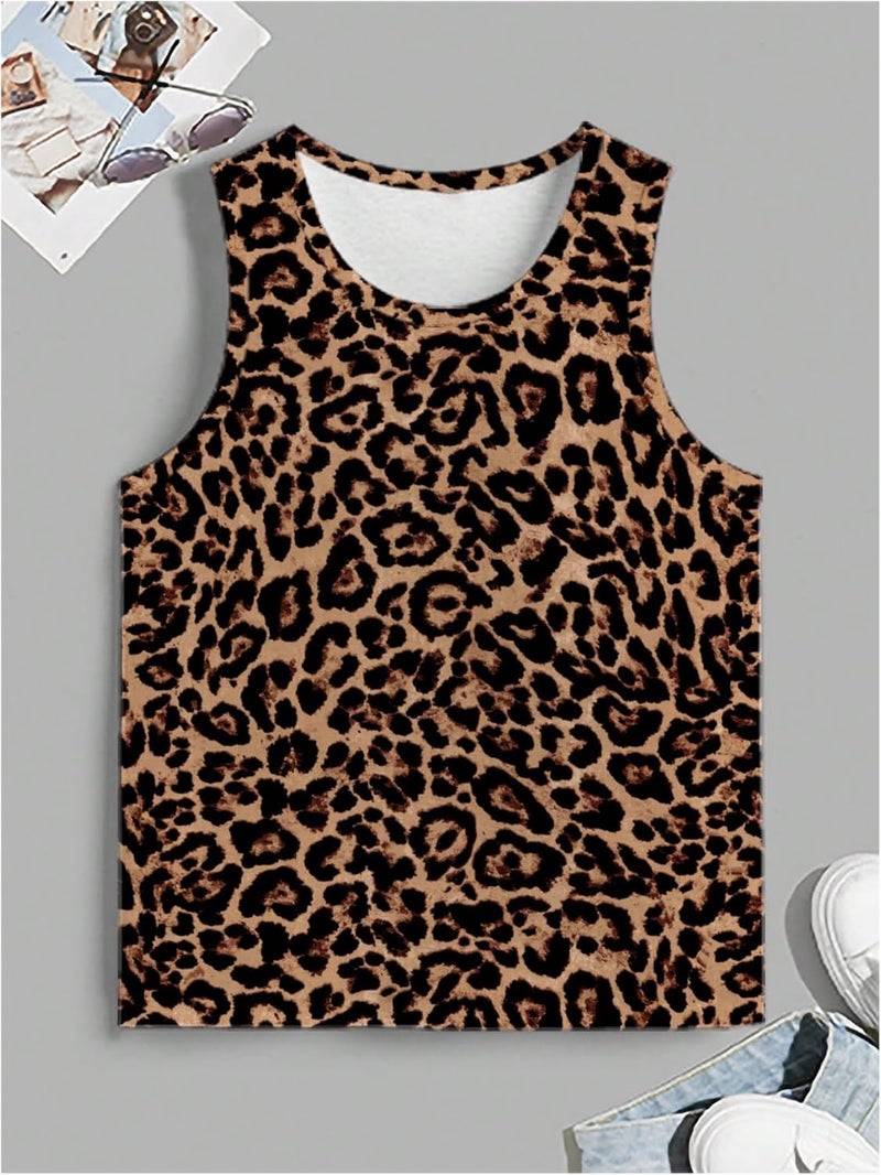 BEAUDRM Store Men's Leopard Tank Tops Y2k Cheetah Crew Neck Sleeveless Cheetah Streetwear Summer Tops Shirts - Image 5